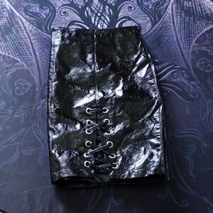 Shiny Black Lace-Up Mini Skirt